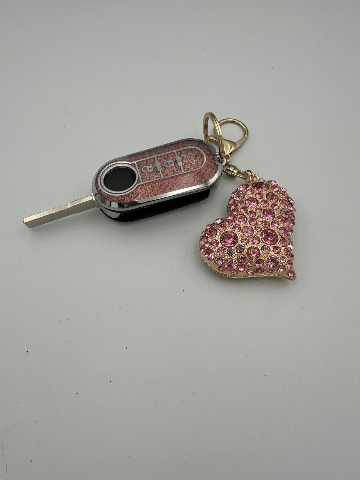 Fiat500 Heart Bling Diamante Key Remote Cover Case /keyring For Pink/Silver
