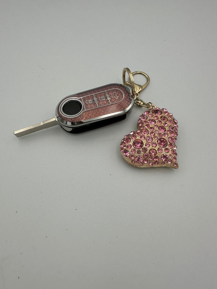 Fiat500 Heart Bling Diamante Key Remote Cover Case /keyring For Pink/Silver