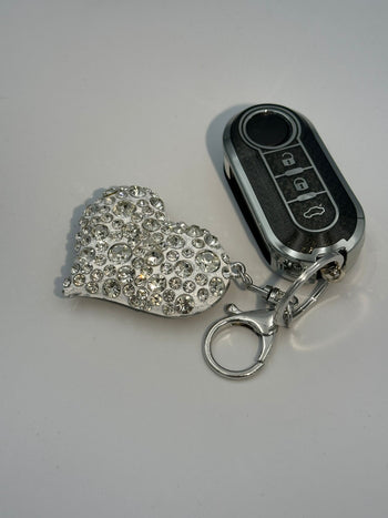 Silver/black Heart Bling Diamante Key Remote Cover Case For Fiat 500 + other