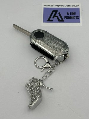 Silver high heal Bling Diamante Key Remote Cover Case keyring For Fiat 500