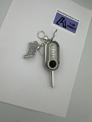 Silver high heal Bling Diamante Key Remote Cover Case keyring For Fiat 500