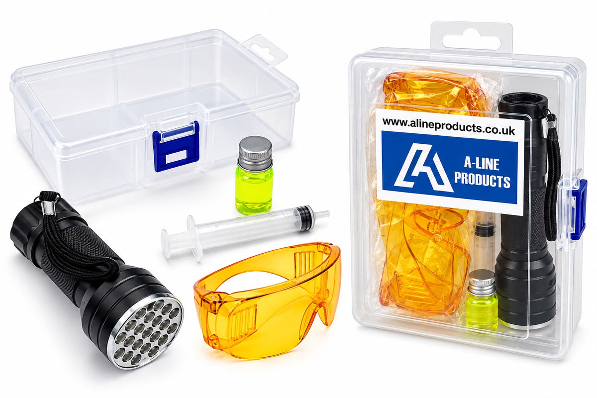 Air Conditioning r134a UV Leak Detection Kit – UV Torch, Dye, Glasses & Syringe – Car A/C Leak Finder