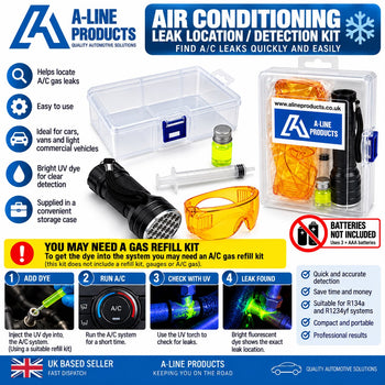 Air Conditioning r134a UV Leak Detection Kit – UV Torch, Dye, Glasses & Syringe – Car A/C Leak Finder