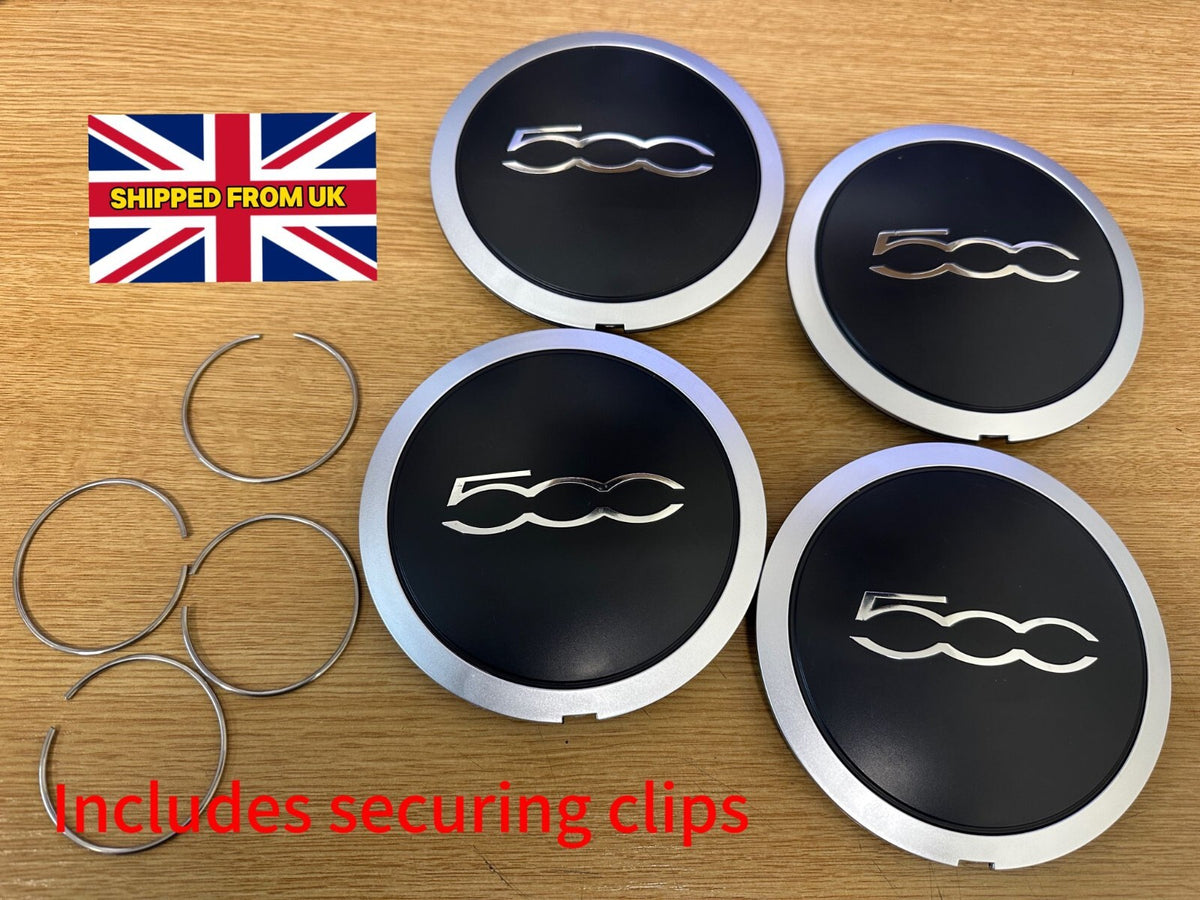 4X Fiat 500 aftermarket Silver / Chrome Wheel Centre hub Cap Inc – Fit clips